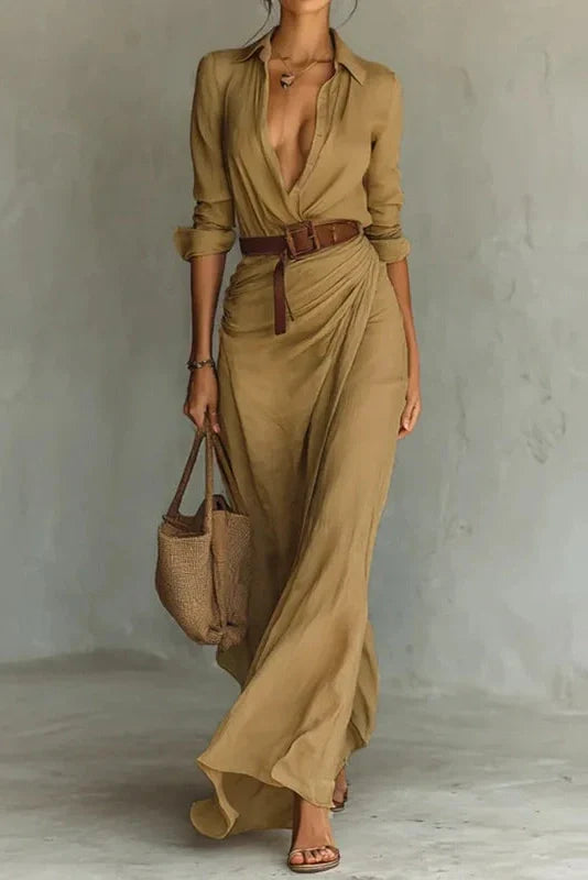 Elegant Long Sleeve High Waist Single Breasted Maxi Dress