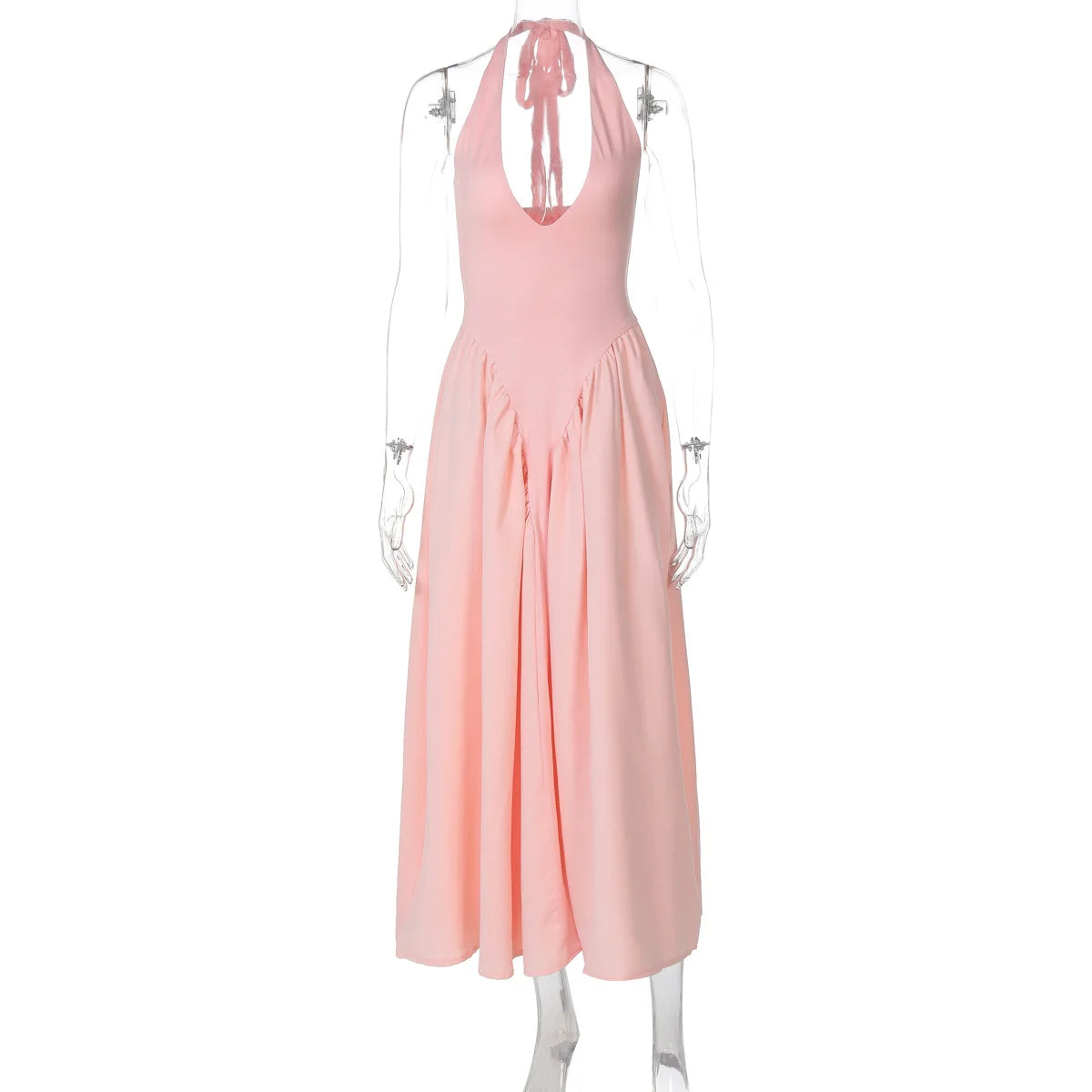 Deep V Neck A-Line Pleated Midi Dress