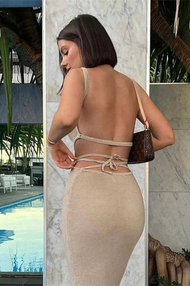 Spaghetti Strap Knitted Backless Bodycon Maxi Dress