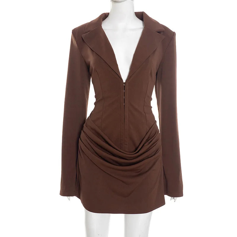 Deep V Neck Long Sleeve High Waist Mini Dress