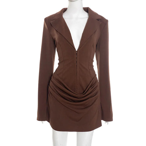 Deep V Neck Long Sleeve High Waist Mini Dress