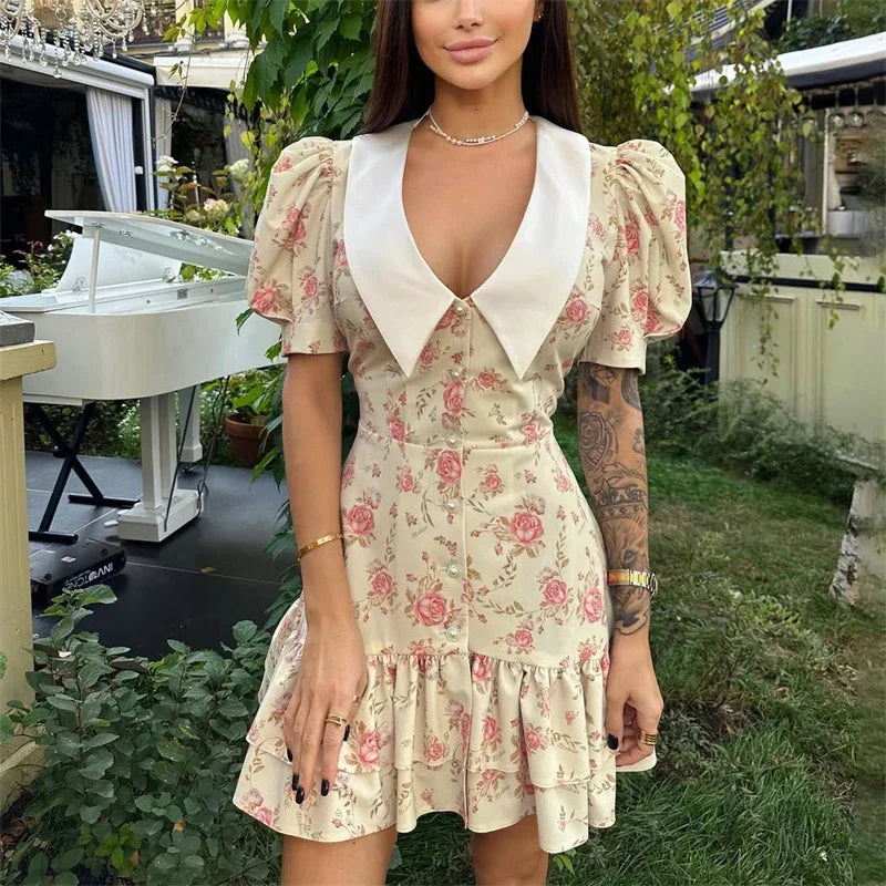 Printed V-Neck Puff Sleeve Single Breasted Mini Dress