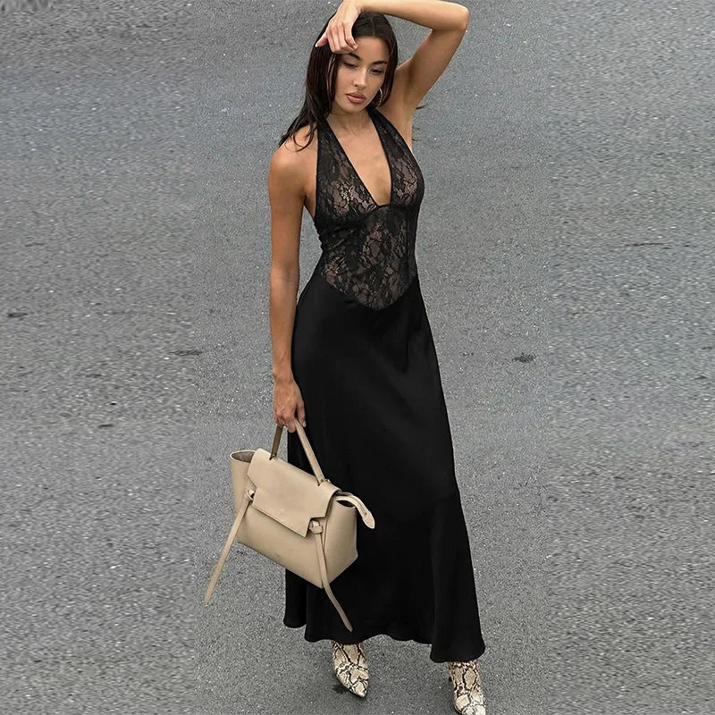 Hollow Lace Backless Slim Maxi Dress