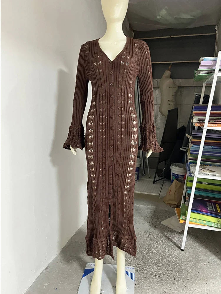 Hollow Knitted Long Sleeve Maxi Dress