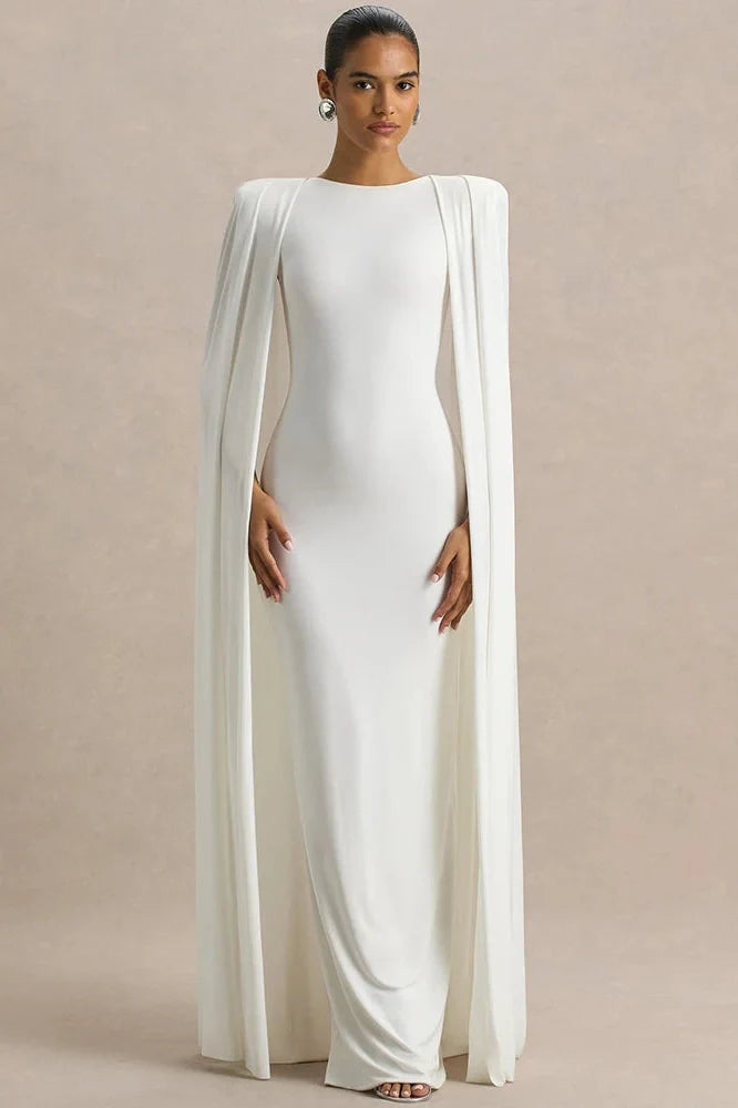 Cape Sleeve Zipper O Neck High Waist Split Maxi Dress