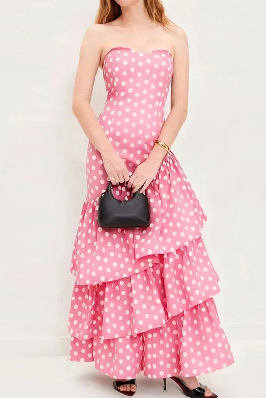Elegant Off Shoulder High Waist Polka Dot Print Maxi Dress