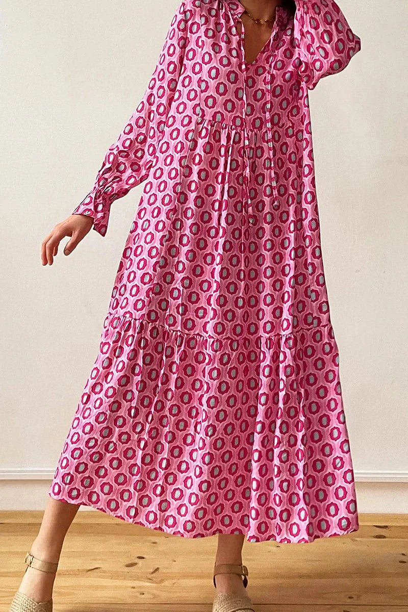 Print Tie-Up Long Sleeve V-Neck Maxi Dress