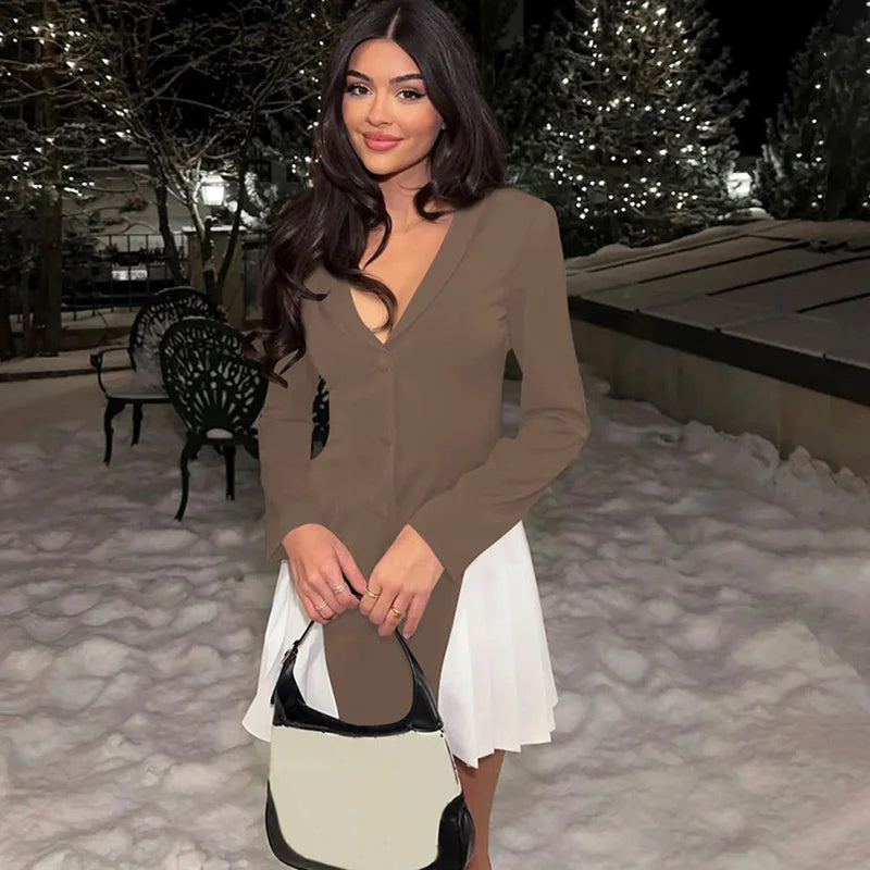 V Neck Pleated Single Breasted Patchwork Long Sleeve Mini Dress
