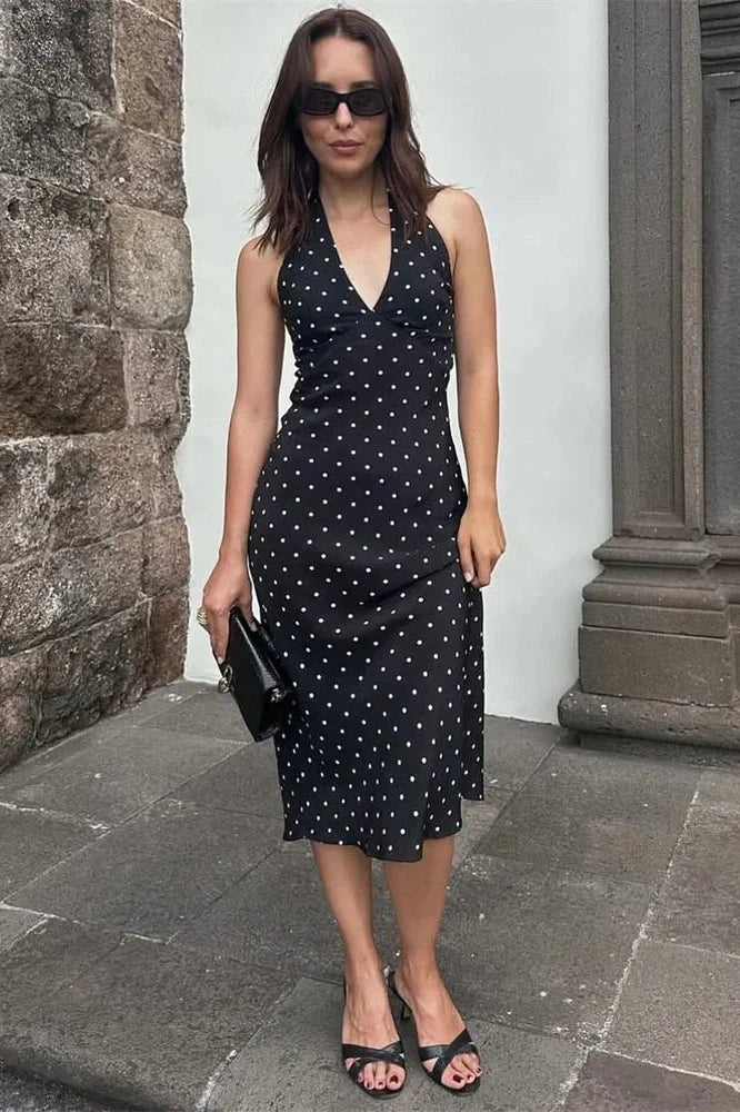 V-Neck Backless Lace-Up Patchwork Slim Bodycon Midi Dress