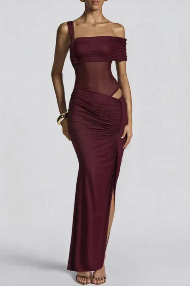 One Shoulder Backless Sleeveless High Split Maxi Dress