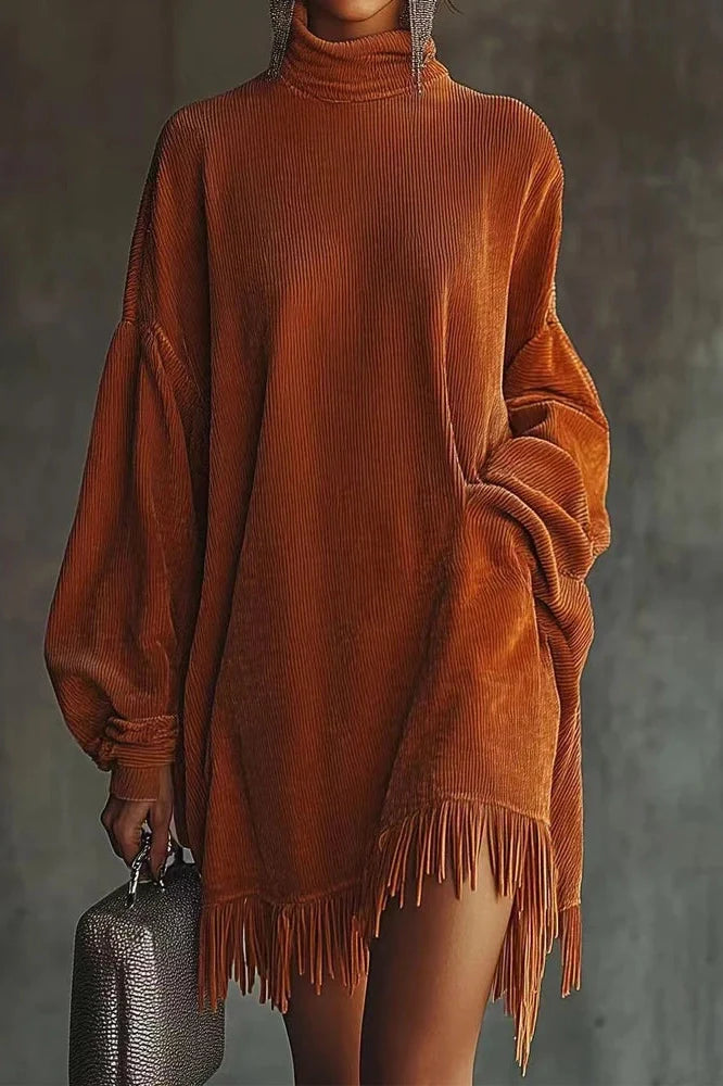Elegant High Waist Long Sleeve High Collar Loose Mini Dress