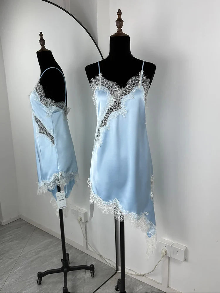 Lace Spaghetti Strap Slit Bodycon Mini Dress