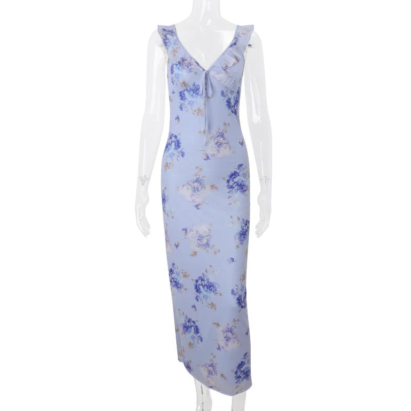 Printed V-Neck Sleeveless Slim Maxi Dress