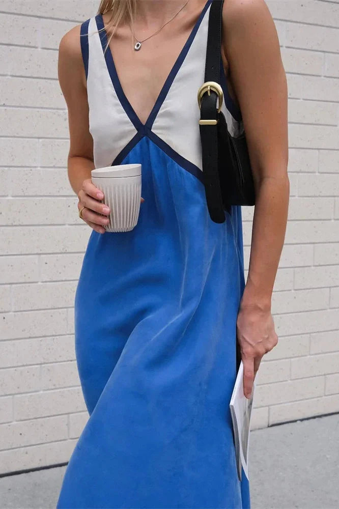 Patchwork V-Neck Strapless Sleeveless Slim Maxi Dress