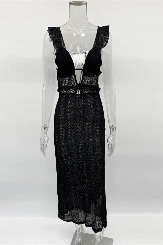 Deep V Neck Sleeveless See Through High Waist Knitted Maxi Dress