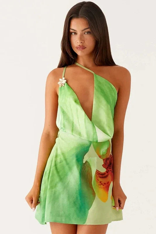 Elegant One-Shoulder Printed Sleeveless High Waist Mini Dress