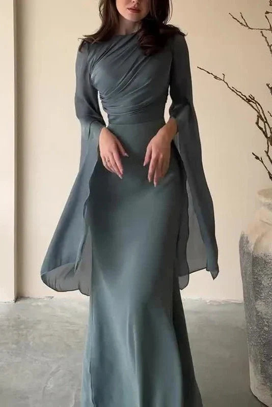 Elegant Flare Sleeve Bodycon Slim O Neck Maxi Dress