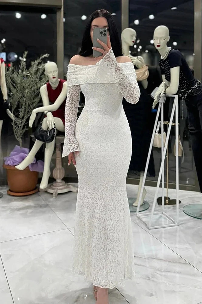 Slash Collar Lace Embroidery High Waist Maxi Dress