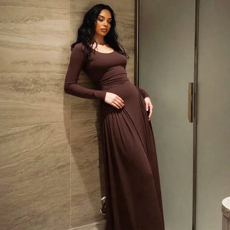Elegant Square Neck Patchwork Long Sleeve Maxi Dress
