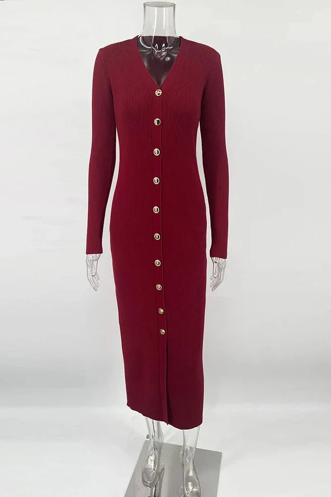 Elegant Long Sleeve Knitted Slim Midi Dress