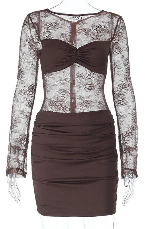 Lace Hollow-Out Slim Backless Pleated Mini Dress