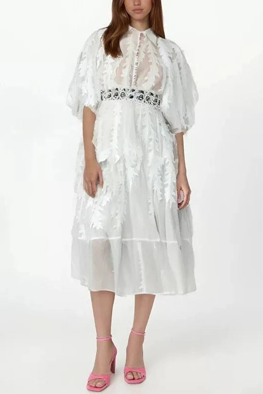 Elegant Loose Puff Sleeve High Waist Midi Dress