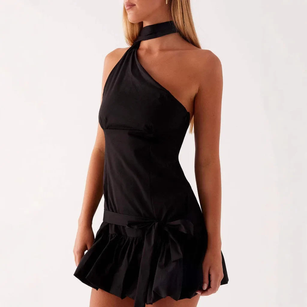 One Shoulder Backless Lace-Up Slim Mini Dress