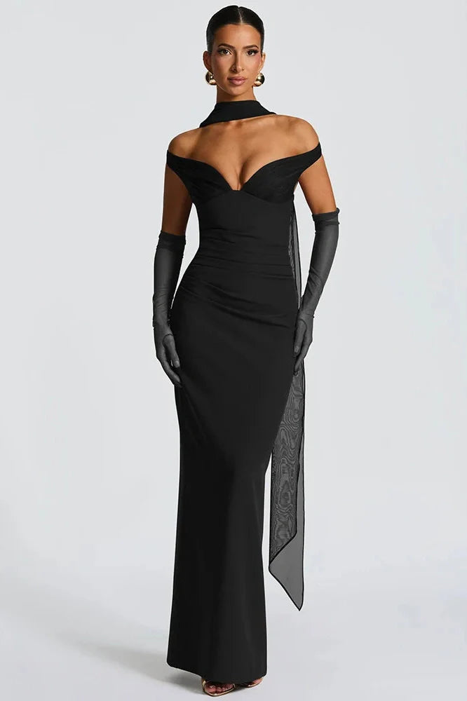 Scarf Collar Off-Shoulder Strapless Backless Maxi Dress