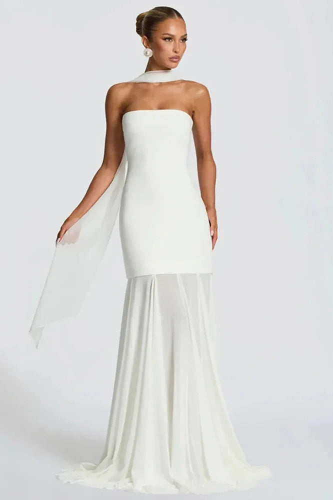 Off-Shoulder Strapless Scarf Collar Sleeveless Backless Bodycon Maxi Dress