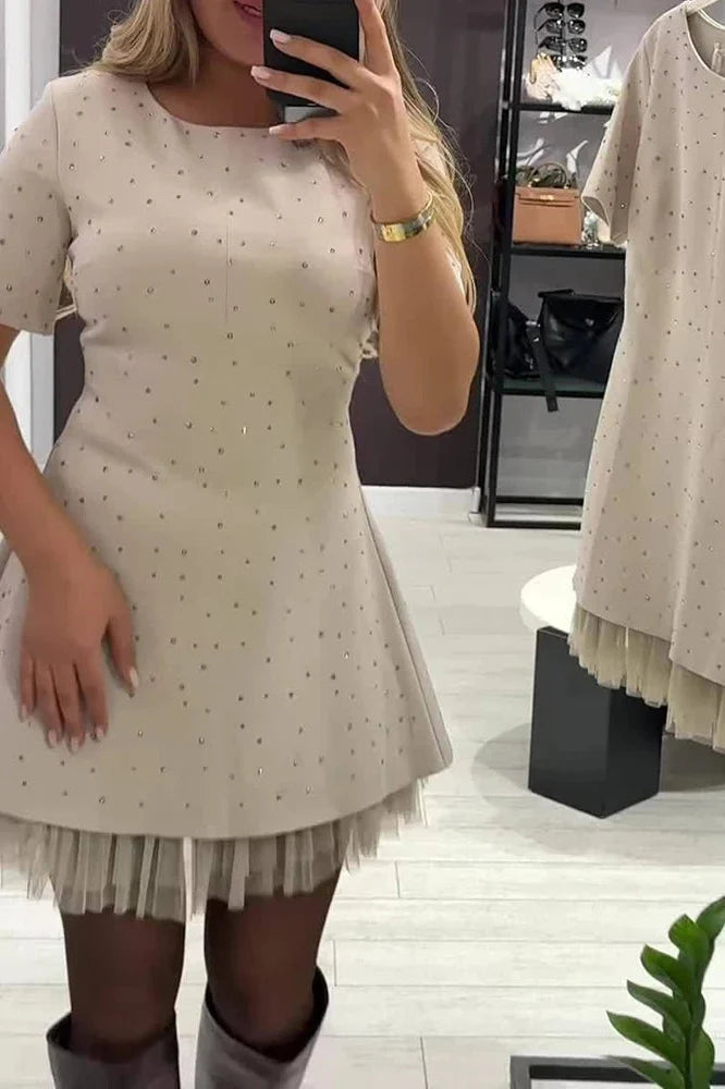 Elegant O-Neck High Waist A-Line Short Sleeve Pleat Mini Dress