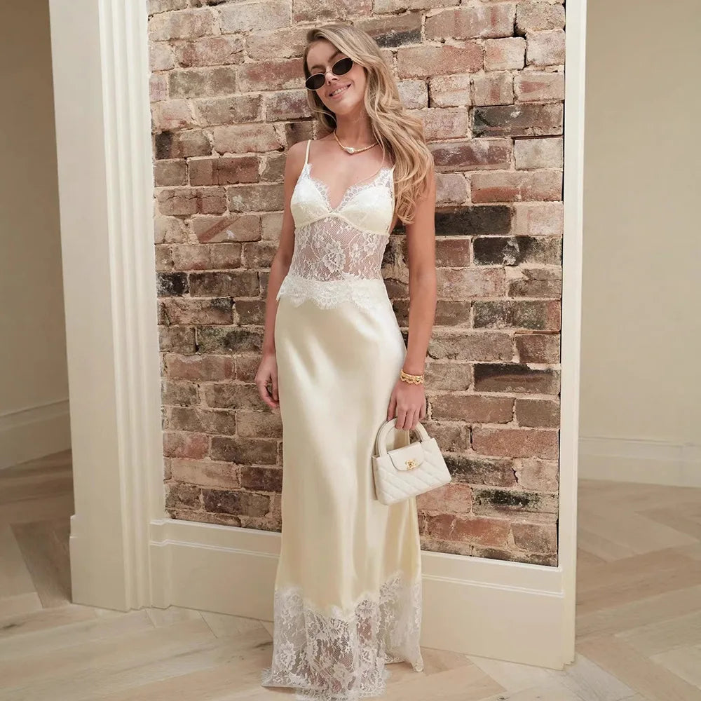 Lace Spaghetti Strap V Neck  Backless Maxi Dress