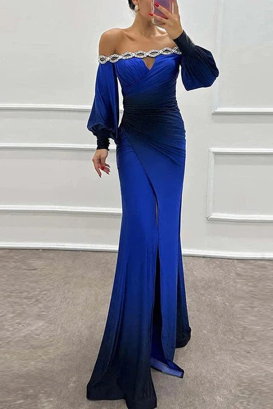 Off Shoulder Patchwork High Waist Pleated Slim Sleeves Maxi Dress