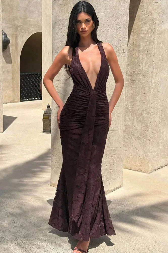 Deep V Neck Sleeveless Backless Maxi Dress