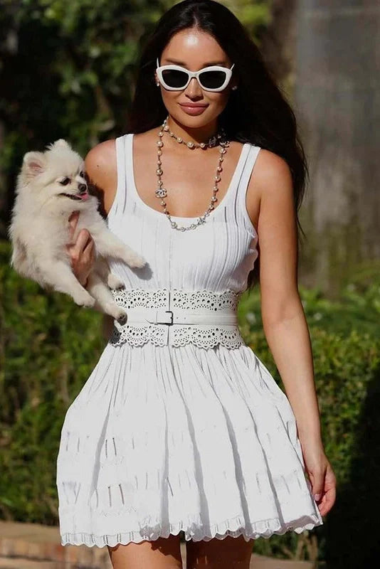 Hollow-Out Slim Knitted Sleeveless A-Line High Waist Mini Dress