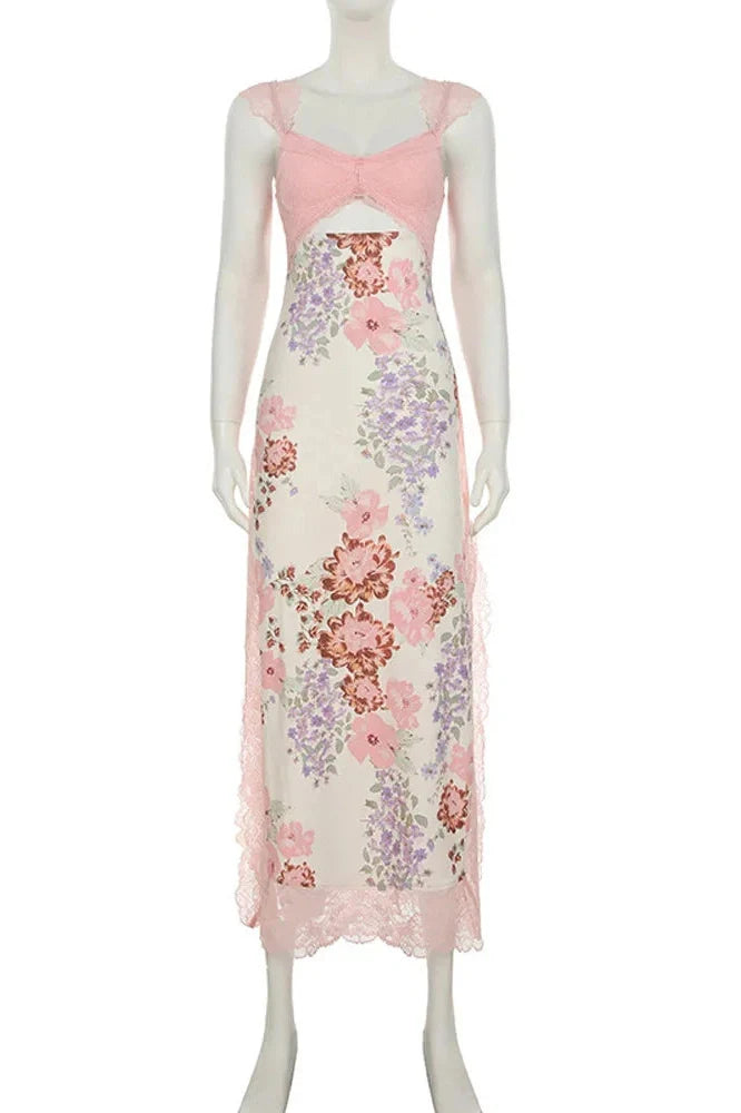Hollow Out Printed Lace Patchwork Slim Maxi Dress