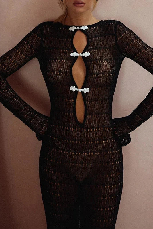 Hollow Out O Neck Flared Sleeve Backless Lace Up Maxi Dress