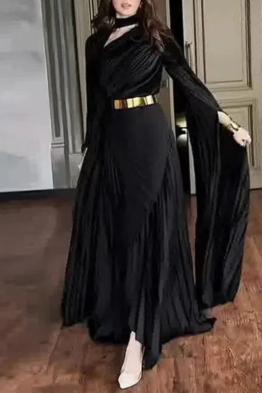 Elegant Hollow Out Printed Slit Sleeve High Waist Maxi Dress