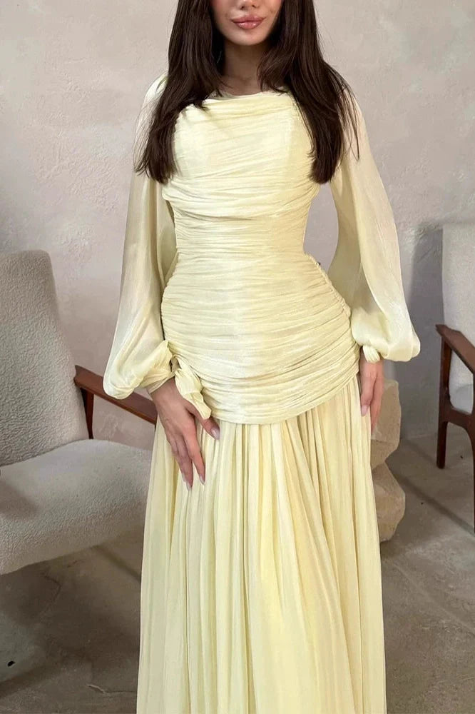 Long Sleeve O-Neck High Waist Pleated Maxi Dress