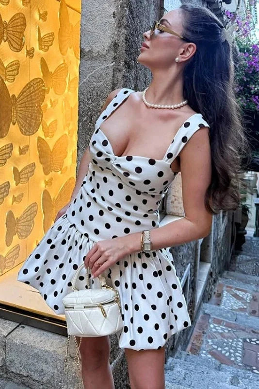 Polka Dot V-Neck Sleeveless Backless Slim Mini Dress