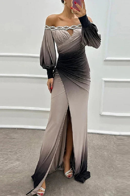 Off Shoulder Patchwork High Waist Pleated Slim Sleeves Maxi Dress