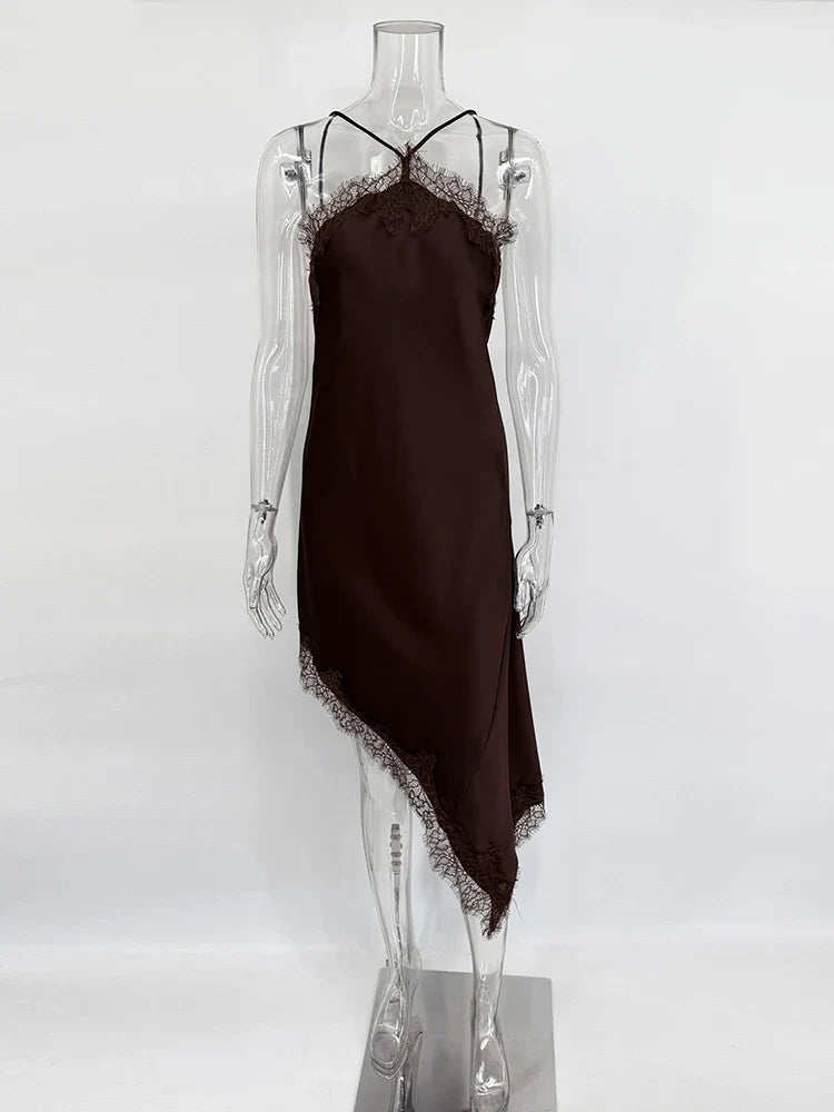 Lace Backless Spaghetti Strap Irregular Midi Dress
