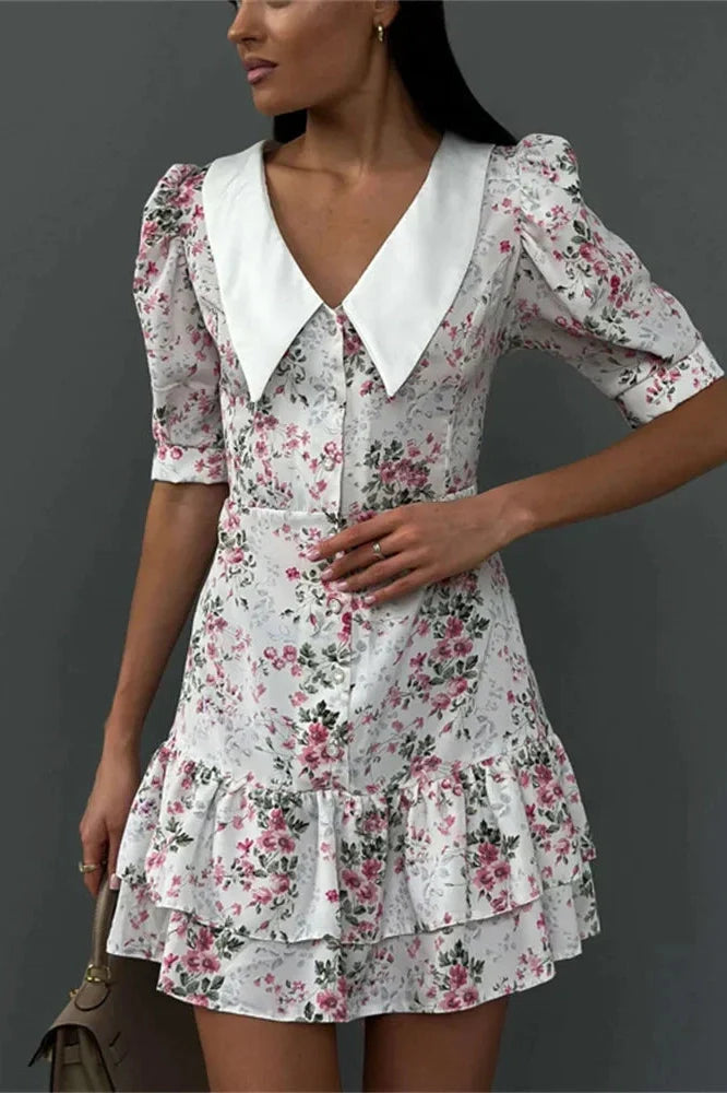 Printed V-Neck Short Sleeve Slim High Waist Mini Dress