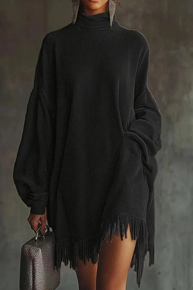 Elegant High Waist Long Sleeve High Collar Loose Mini Dress