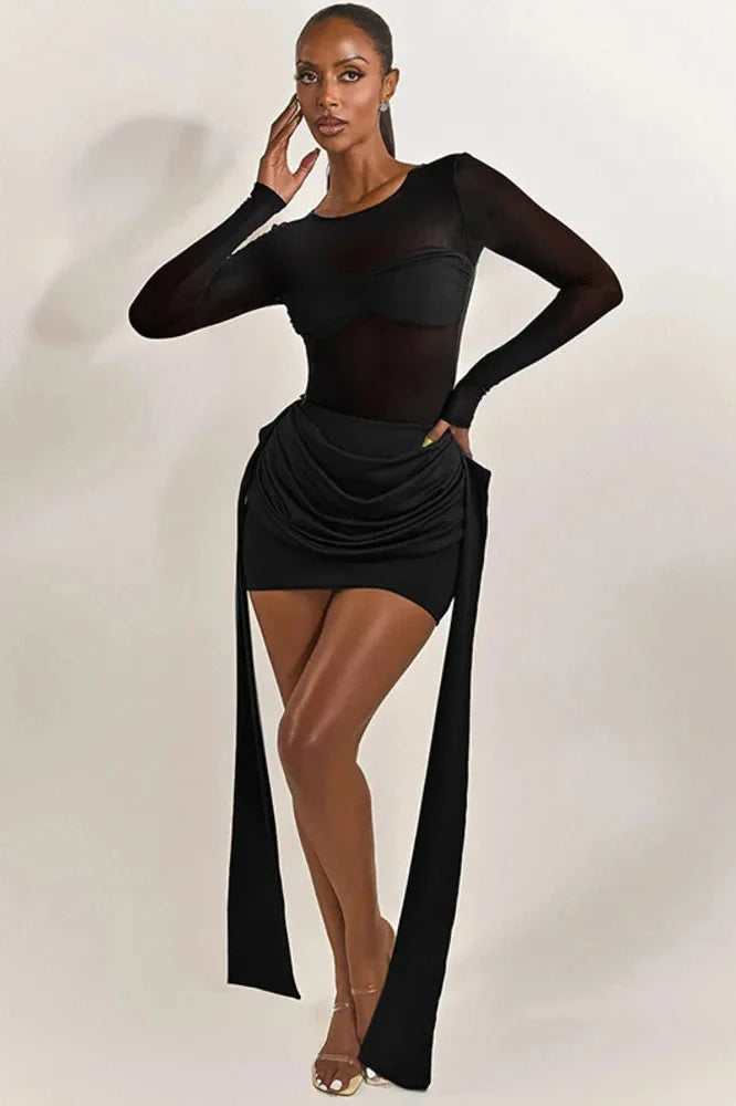 Patchwork See Through Long Sleeve Mini Dress