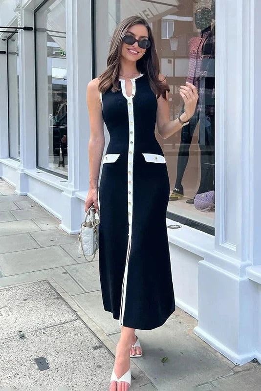 Elegant Sleeveless Single-Breasted Bodycon Knitted Midi Dress