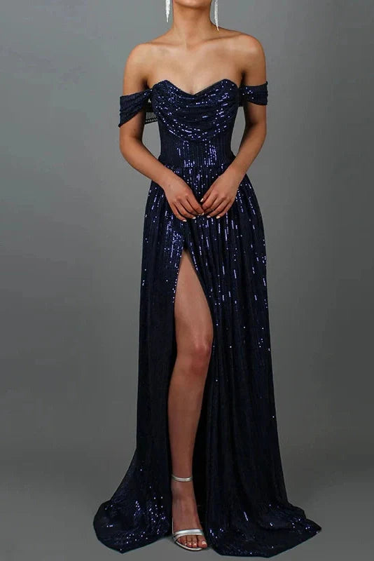 Pleated Off Shoulder High Waist Split Maxi Dress