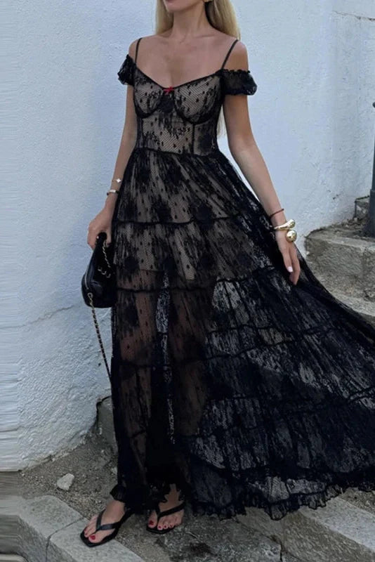 Slash Collar High Waist Pleated Lace Maxi Dress
