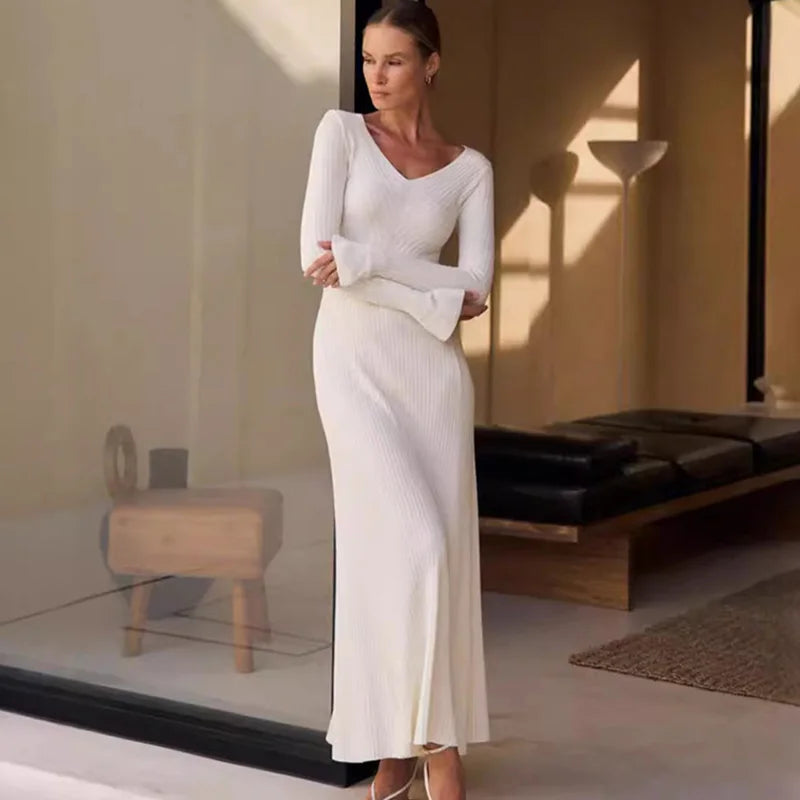 V-Neck High Waisted Long Sleeve Maxi Dress