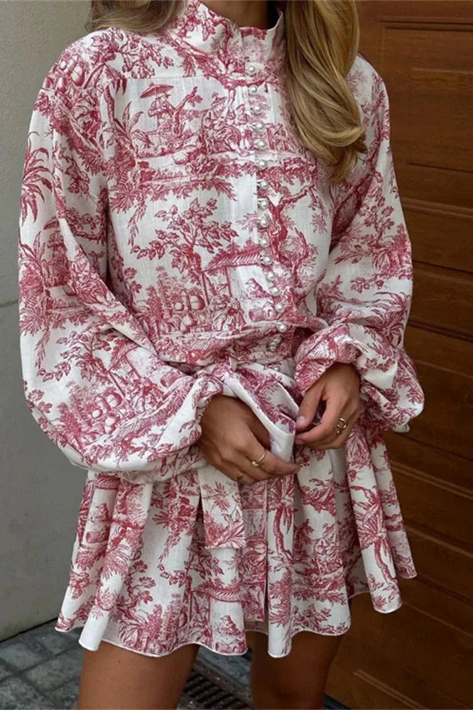 Elegant Printed Lace Up Long Sleeve Mini Dress