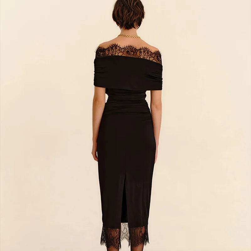 Lace Deep V-Neck Slim High Waist Midi Dress